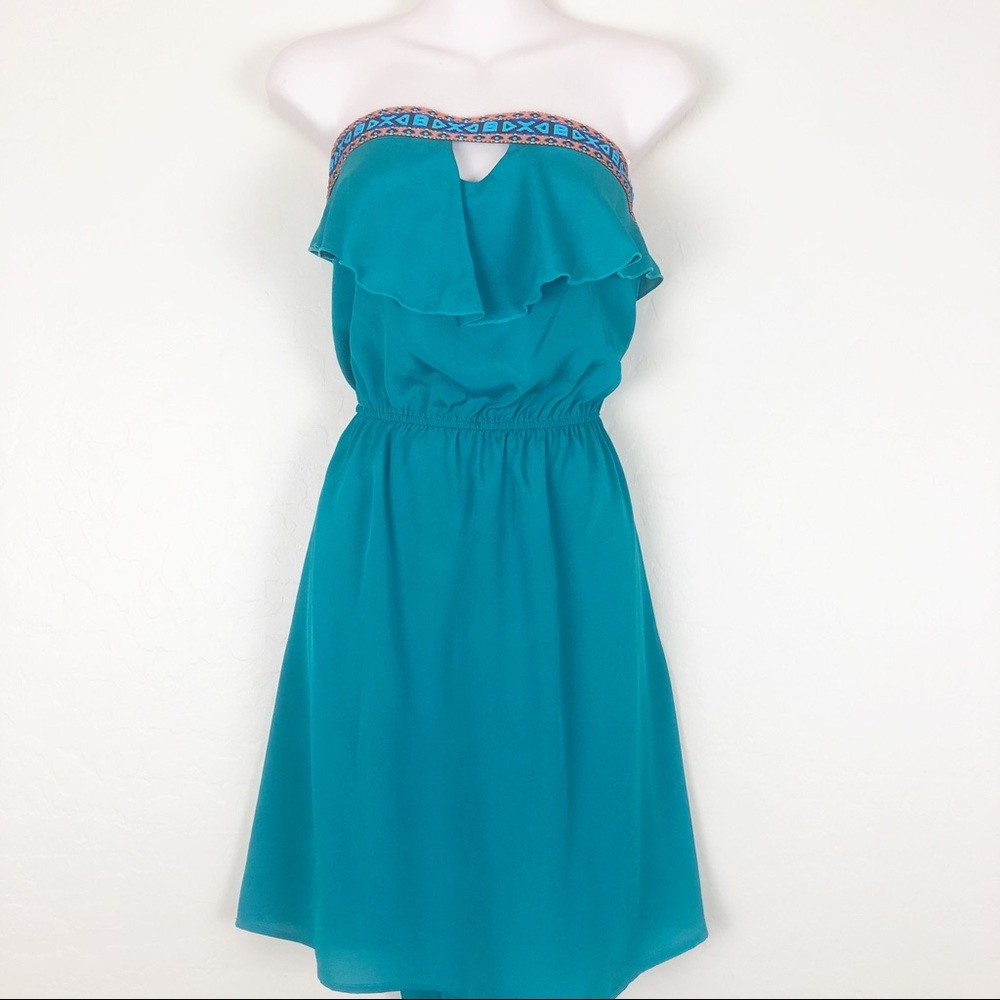 Charlotte Russe Teal Strapless Ruffle Dress with Embroidered Trim